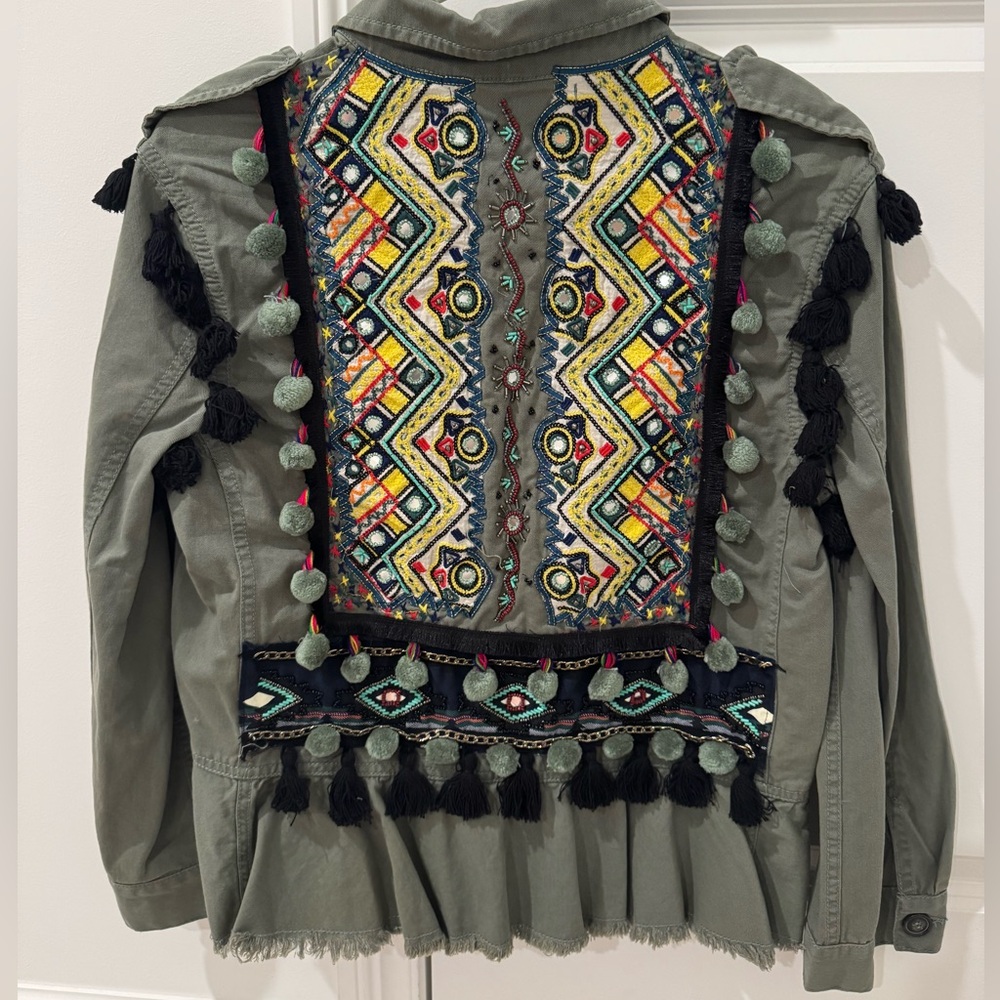 Zara Embroidered/Beaded Green Utility Jacket with Tassels - Size Small